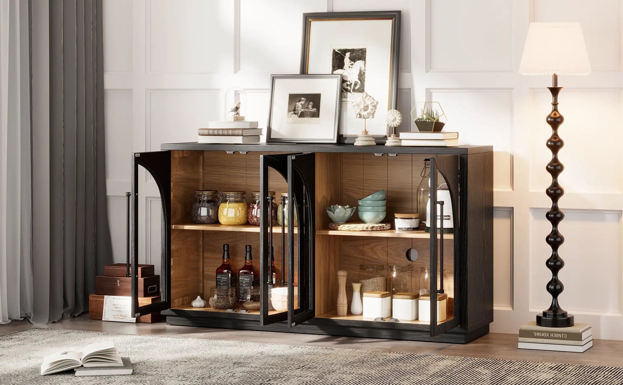 4-Door Large Storage Sideboard Buffet Cabinet with Glass Doors Arched Cabinet (Black) by HouseOfZazla