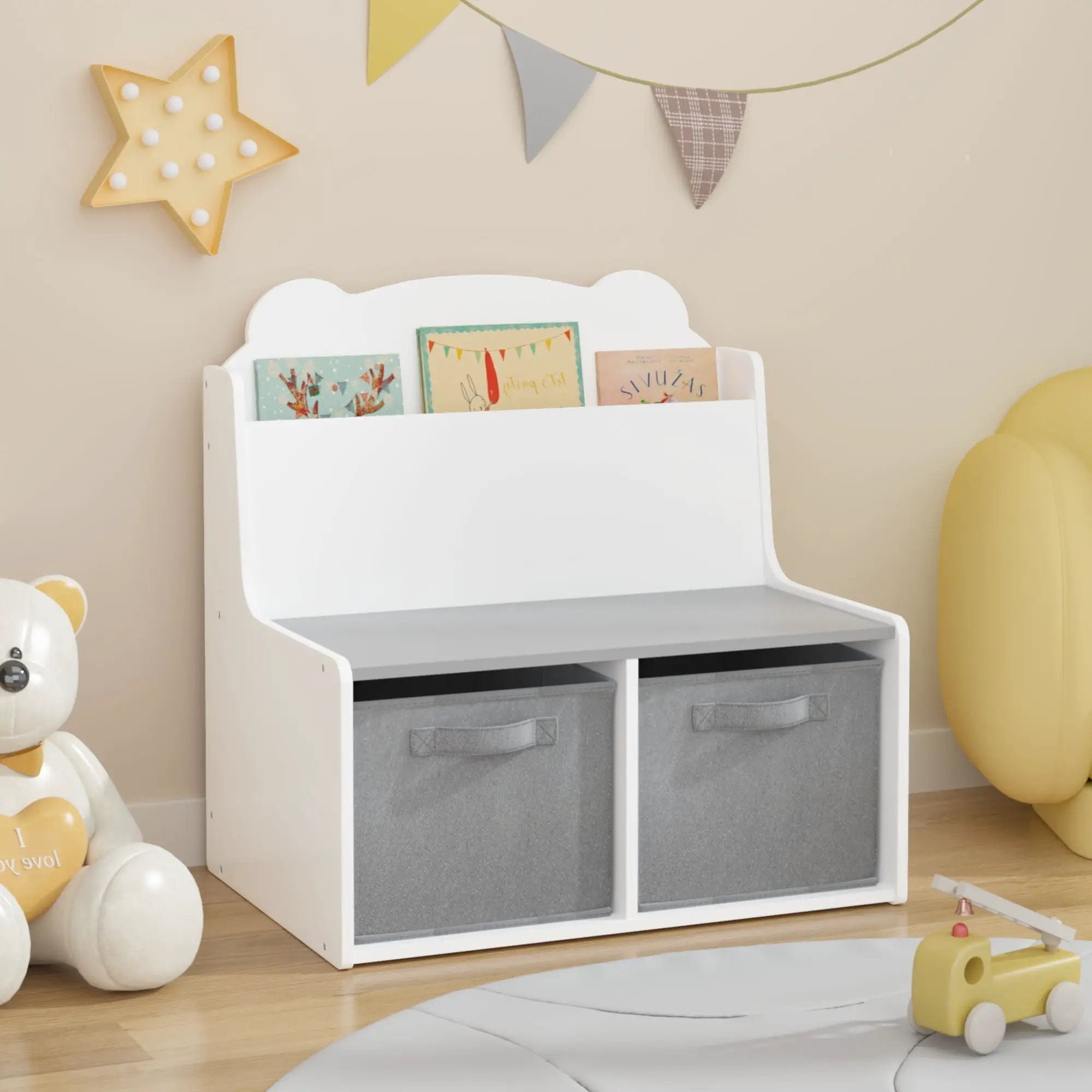 Bookshelf With Storage Bins, Bookcase With Book Display Shelf And 2 Bins, Cute Bear Shaped Backboard, Toy Organizer - White by HouseOfZazla