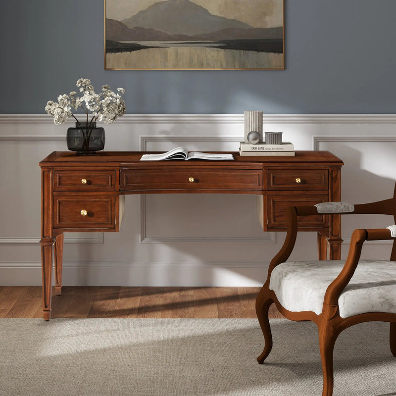 Dauphin Gold Accent 5-Drawer Wood Executive Desk Dark Walnut Ash Wood & Veneer by HouseOfZazla