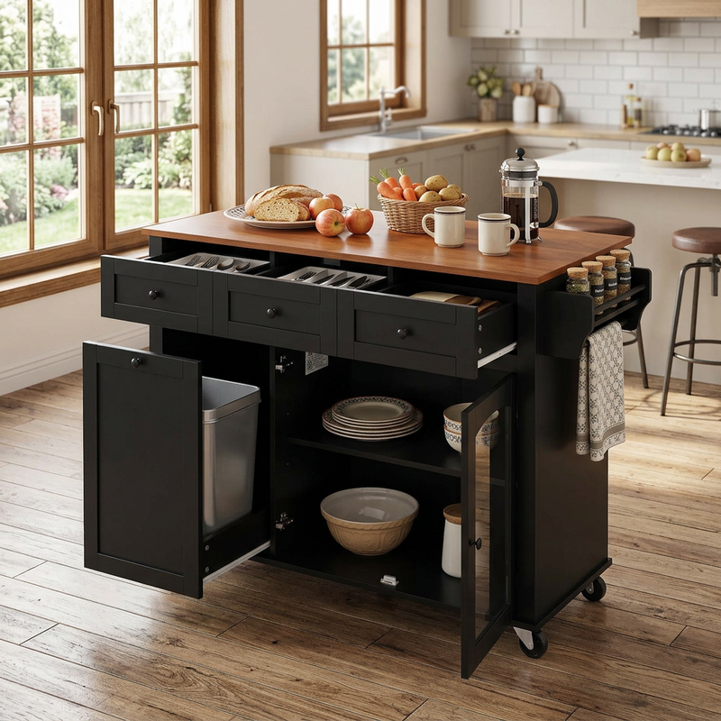 54.2'' Mobile Kitchen Island with Glass Door Storage & Trash Bin by HouseOfZazla