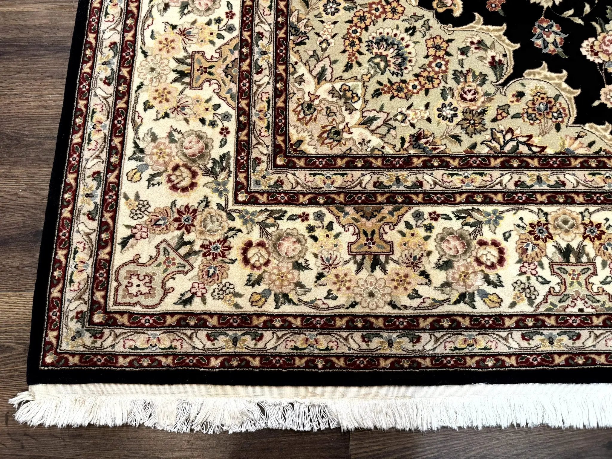 Sino Persian Rug 9x12, Black and Beige, Floral Medallion, Wool & Silk, Handmade by Jewel Rugs