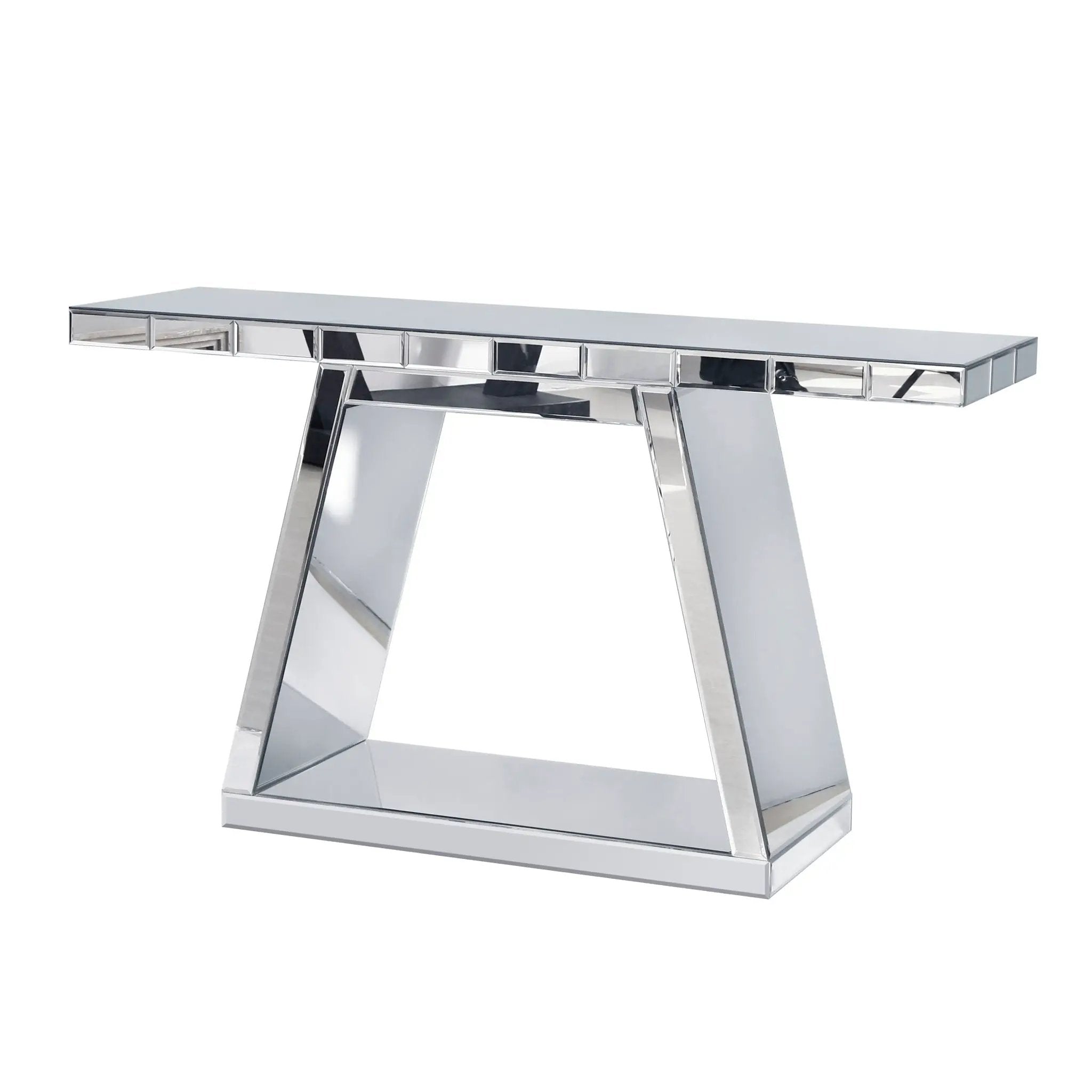 Modern Luxe Full Body Mirror Entryway Table With Trapezoid Base, 360° Reflective Console, Scratch Resistant, Open Storage - Silver by Unique Piece Furniture