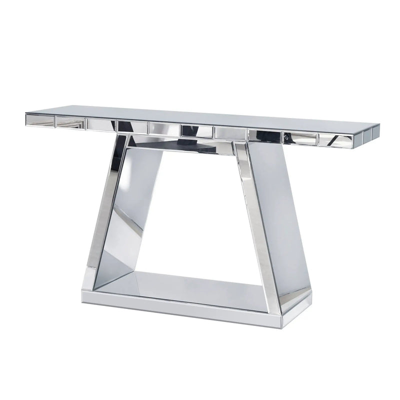 Modern Luxe Full Body Mirror Entryway Table With Trapezoid Base, 360° Reflective Console, Scratch Resistant, Open Storage - Silver by HouseOfZazla