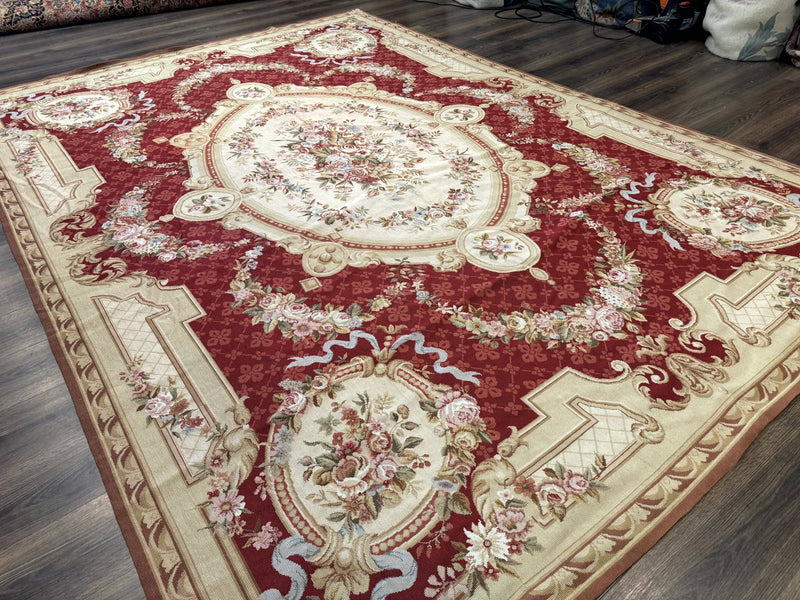Aubusson Rug 8x11, Needlepoint Carpet, Red Ivory Beige, Vintage, French European Design by Jewel Rugs