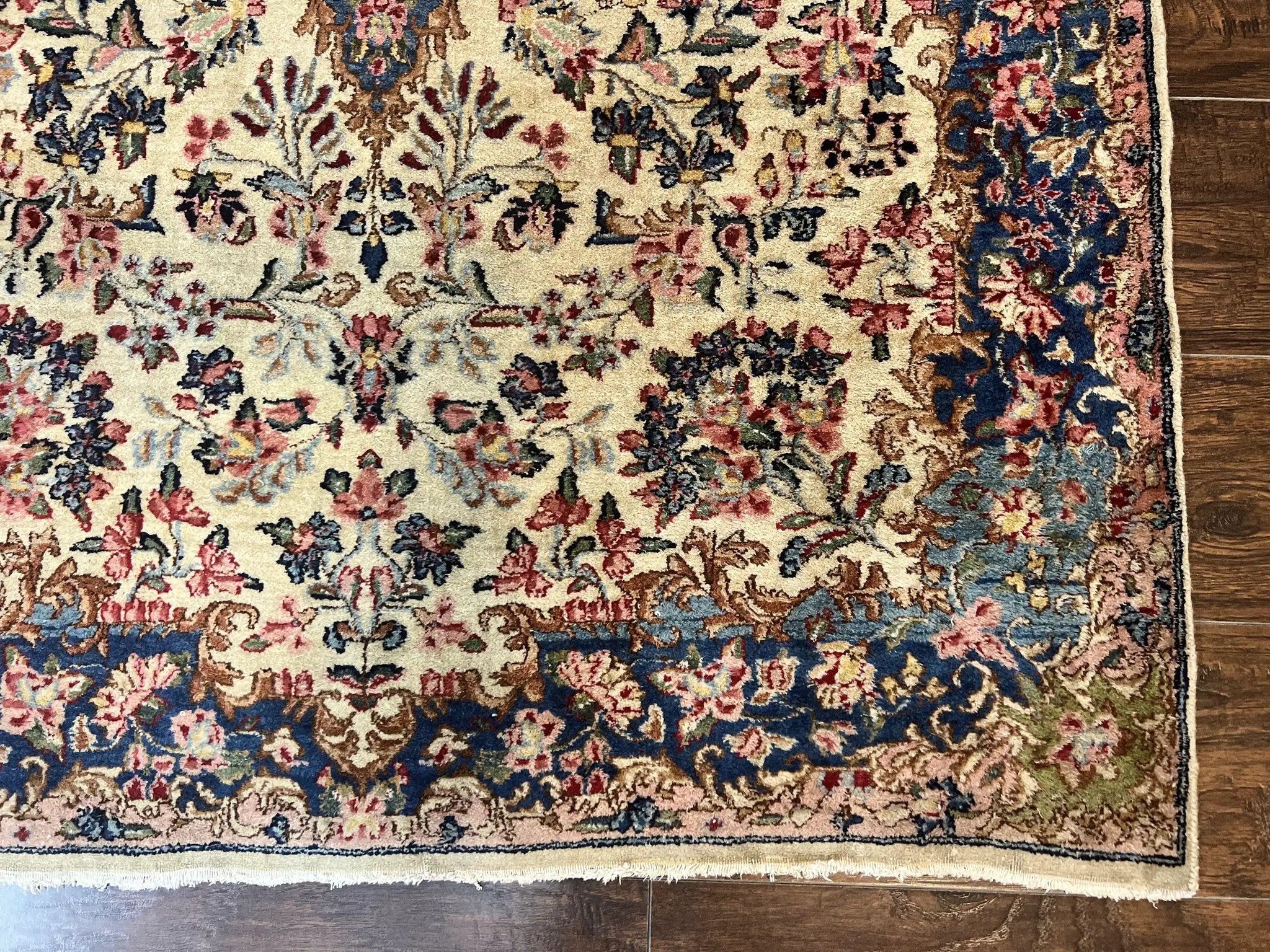 Antique Persian Kirman Rug 4x7, Cream and Navy Blue, Hand Knotted Wool Floral Carpet by Jewel Rugs