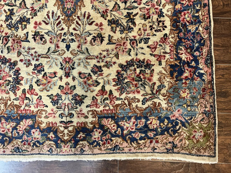 Antique Persian Kirman Rug 4x7, Cream and Navy Blue, Hand Knotted Wool Floral Carpet by Jewel Rugs