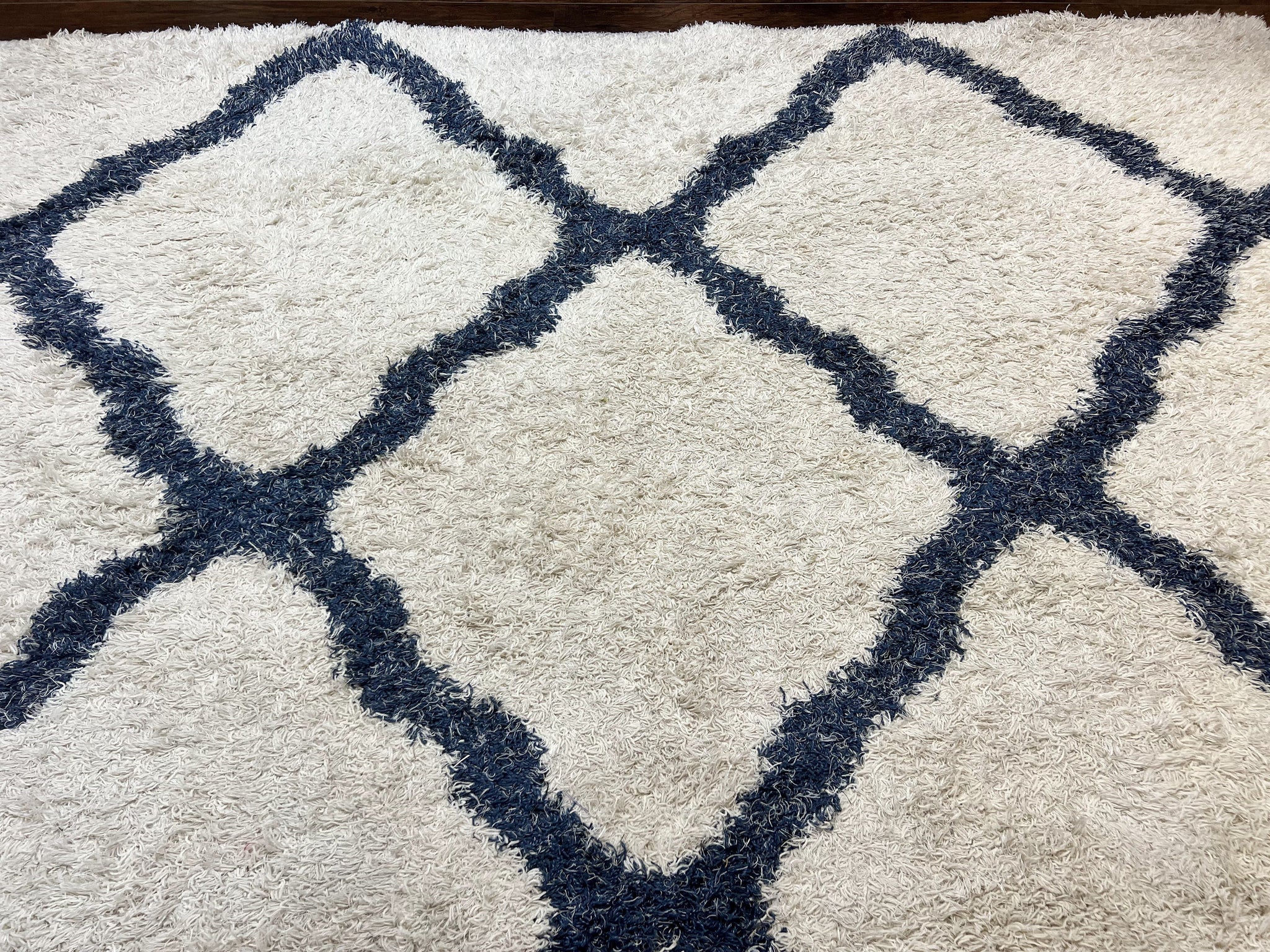 Modern Shag Rug 9x12, Ivory and Dark Blue, Diamond Pattern, Soft, Room Sized, Contemporary Rug, Plush by Jewel Rugs
