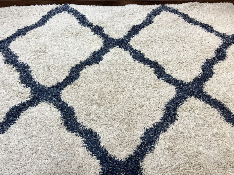 Modern Shag Rug 9x12, Ivory and Dark Blue, Diamond Pattern, Soft, Room Sized, Contemporary Rug, Plush by Jewel Rugs