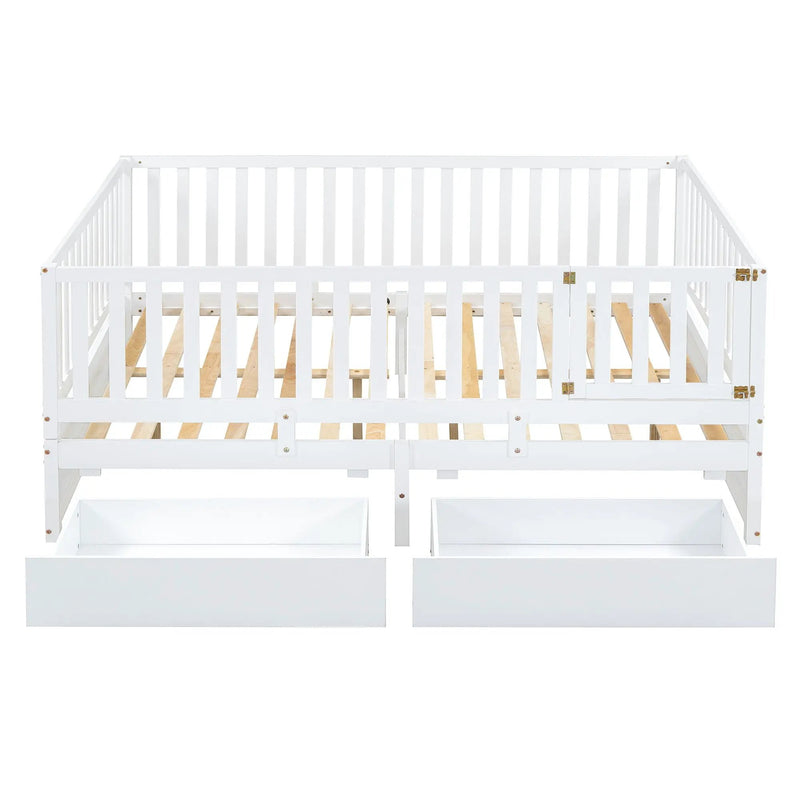 Daybed With Fence Guardrails And 2 Drawers, Split Into Independent Floor Bed & Daybed by HouseOfZazla