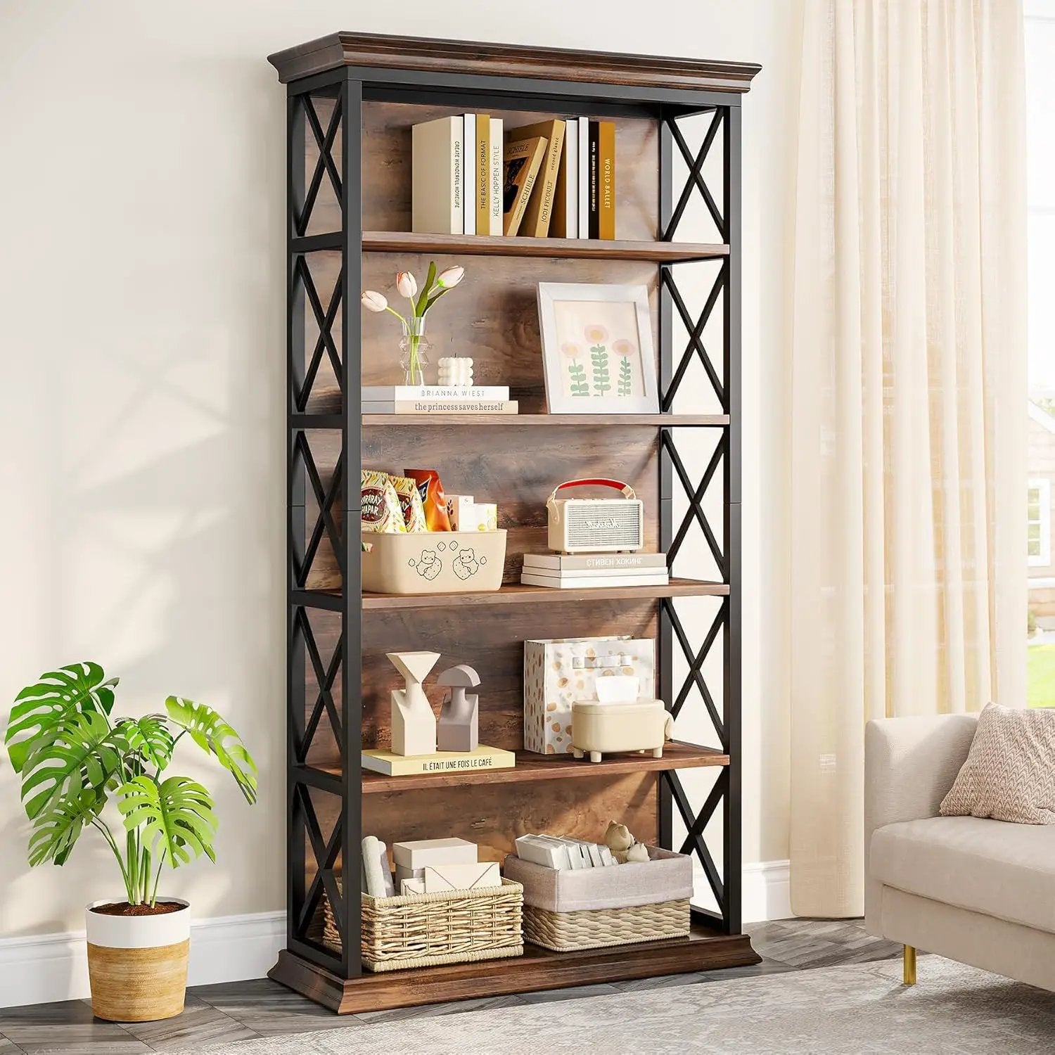 6 Tier Industrial Brown & Bookshelf With X Pattern Design - Rustic Brown by HouseOfZazla