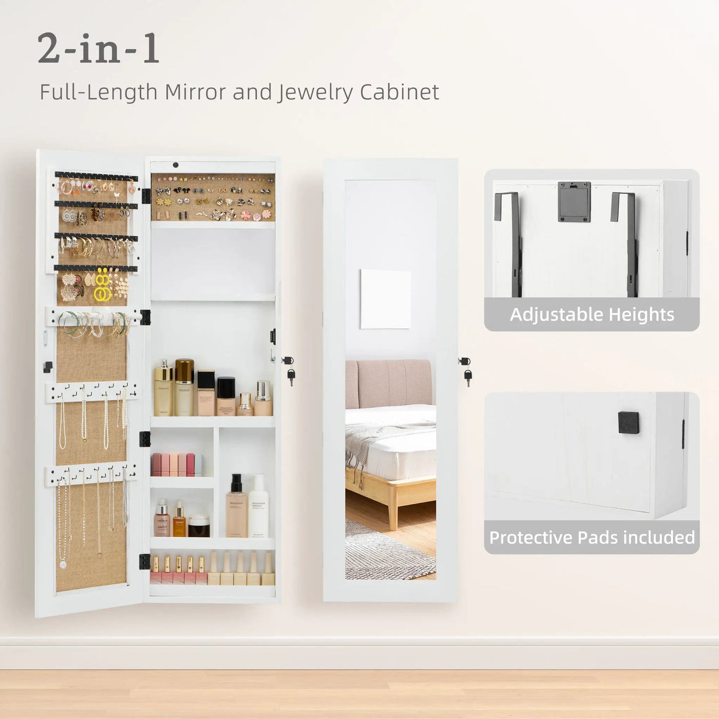 Jewelry Armoire Organizer With Full Length Mirror, Wall Mounted Lockable Cabinet With LED Light by Unique Piece Furniture