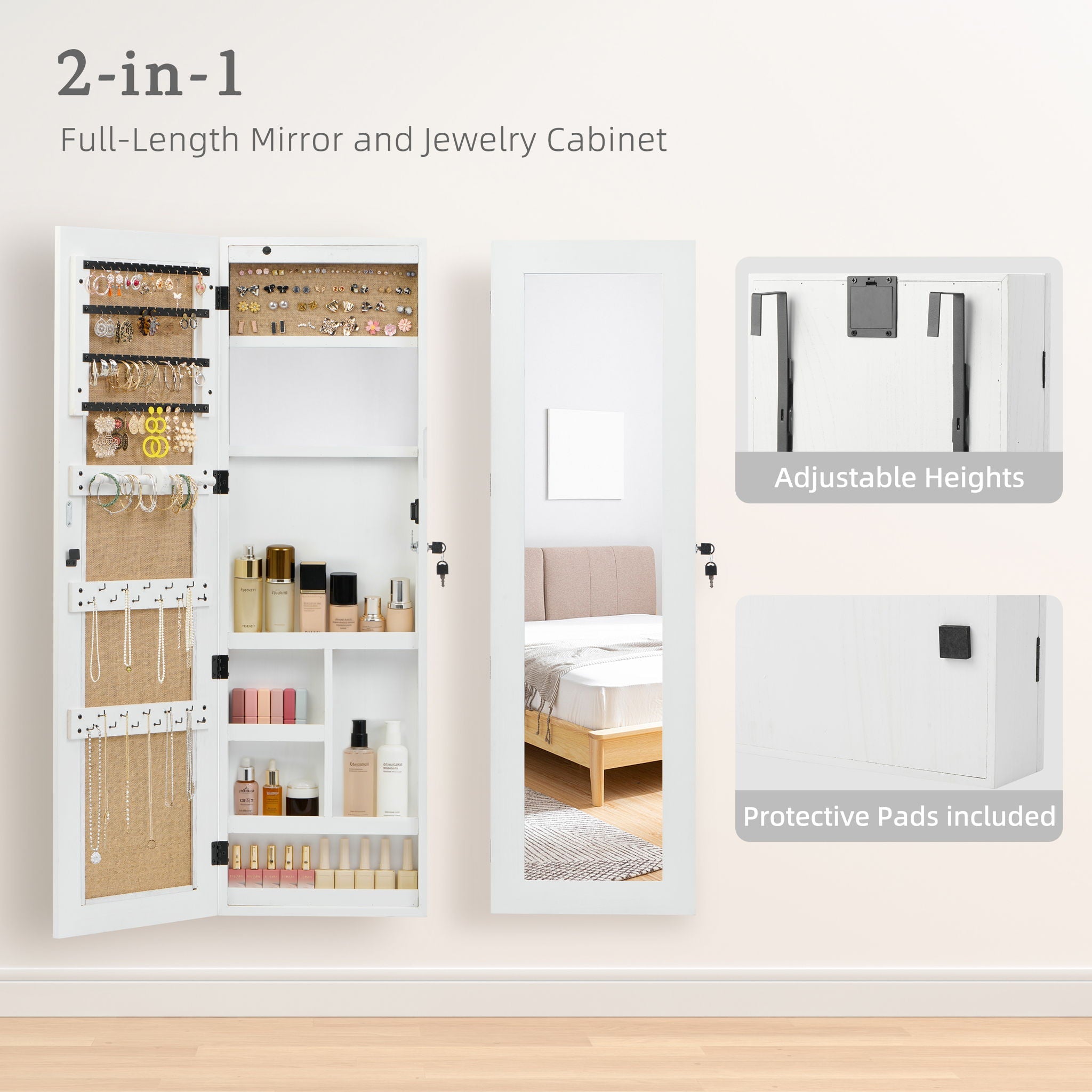 Jewelry Armoire Organizer With Full Length Mirror, Wall Mounted Lockable Cabinet With LED Light by Unique Piece Furniture