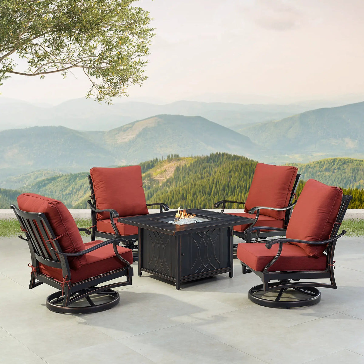 Black Aluminum Fire Table Set with Four Club Chairs by Sharicks