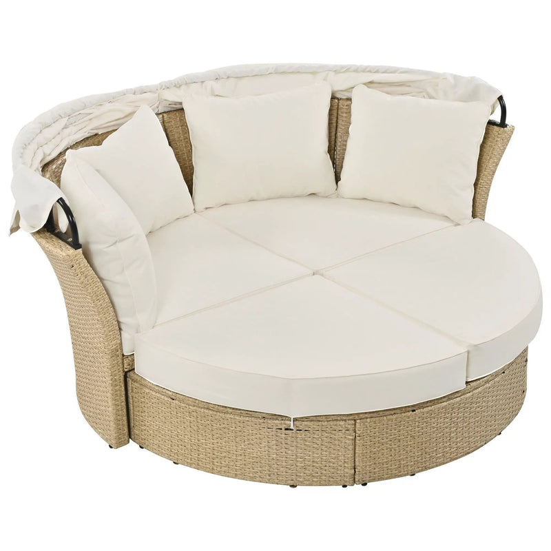 Outdoor Patio Daybed Wicker Rattan Double Daybed Round Sofa Furniture Set With Retractable Canopy, 4 Pillows For Lawn Garden by HouseOfZazla