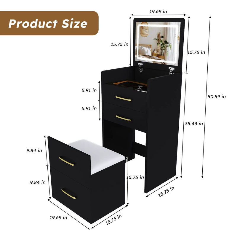 3 In 1 Vanity Desk With Open Top Mirror, Glass Desktop Makeup Set With 3 Drawers, Compact Dressing Table For Bedroom - Black by HouseOfZazla