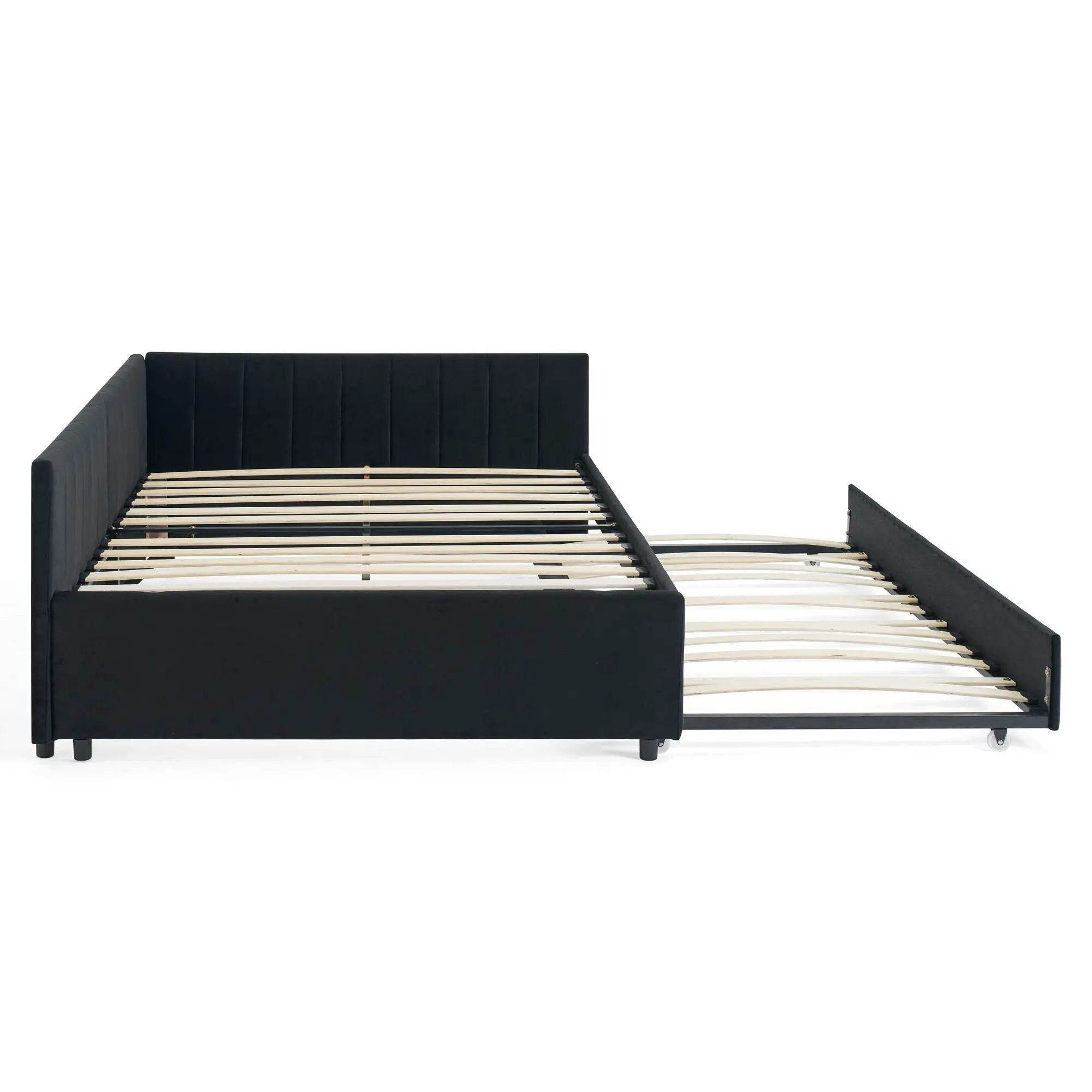 Full Size Upholstered Daybed With Trundle, Tufted Backrest And Armrests - Black