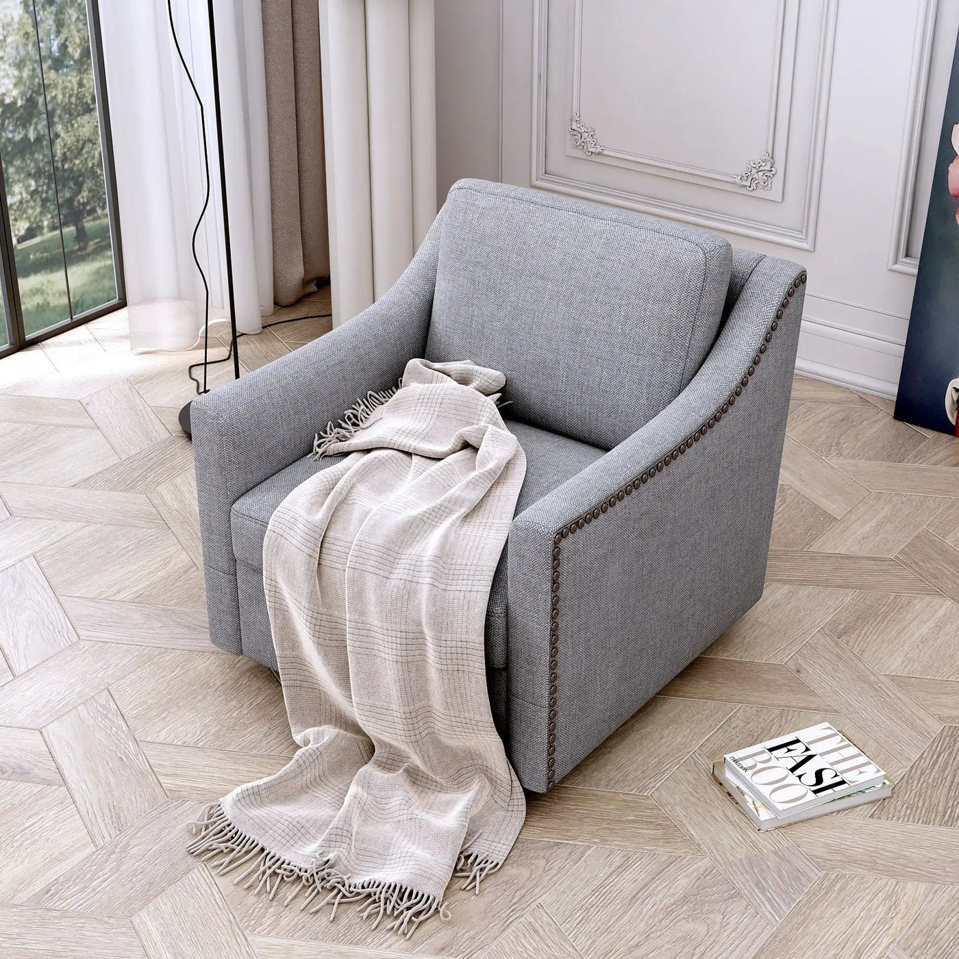 360 Degree Swivel Armchair, Skin Friendly Fabric, Ergonomic Design, Brass Nail Decorative Armchair by HouseOfZazla
