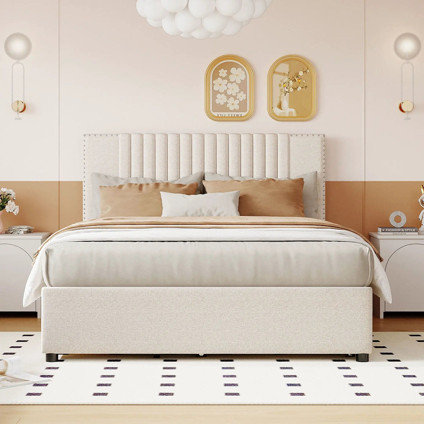 Upholstered Platform Bed With Drawers, Classic Headboard Design by Unique Piece Furniture