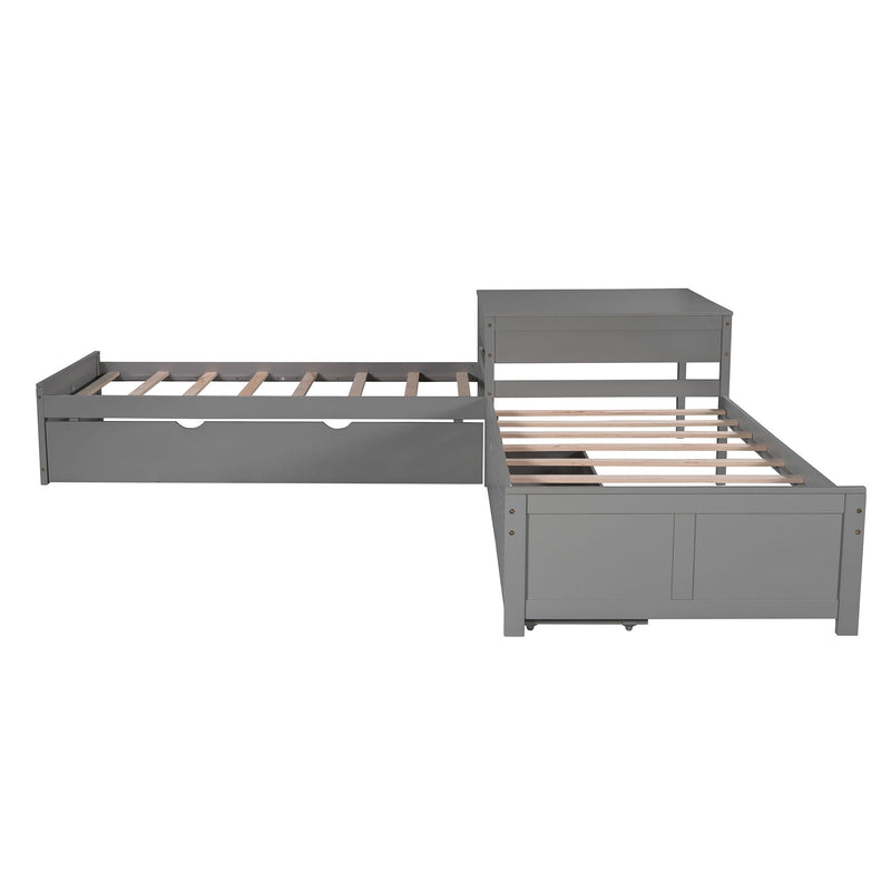 L Shaped Platform Bed With Trundle And Drawers Linked With Built In Desk