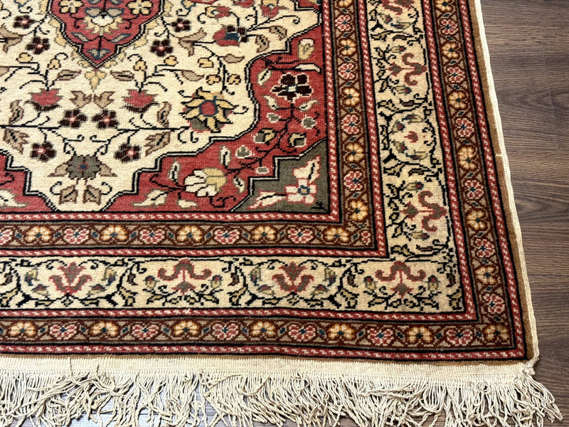 Turkish Sivas Rug 4x6, Floral Medallion, Beige Pink-Red Green, Handmade by Jewel Rugs