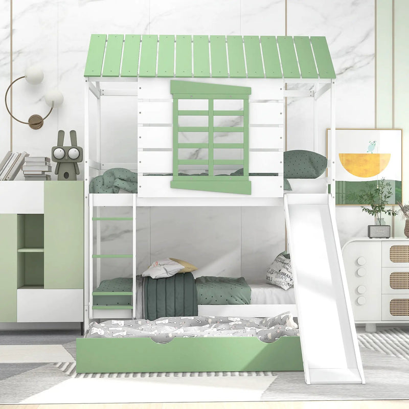 Twin Over Twin House Bunk Bed With Convertible Slide And Trundle - White by Unique Piece Furniture