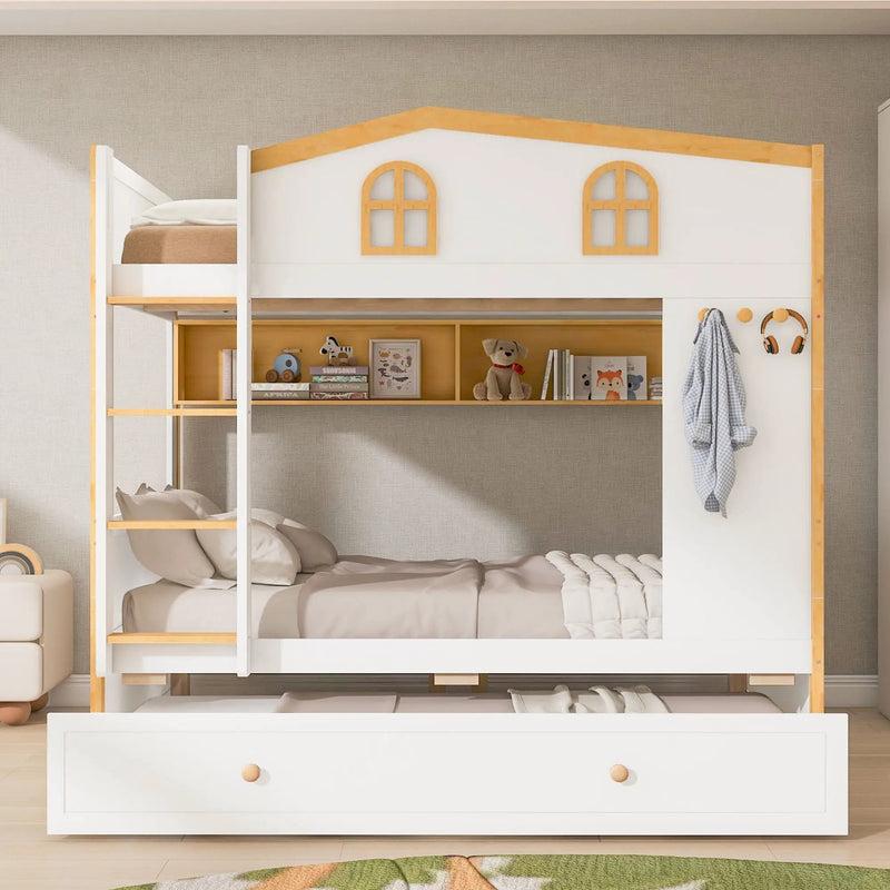 Full Over Full Bunk Bed With Storage Shelves And Trundle - White / Natural by HouseOfZazla