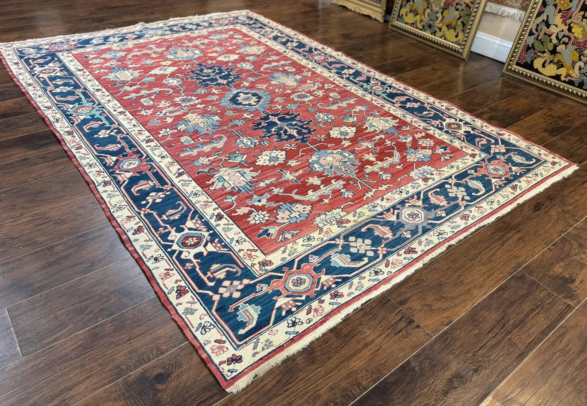 Turkish Flatweave Rug 6x9, Heriz Design, Red and Blue by Jewel Rugs