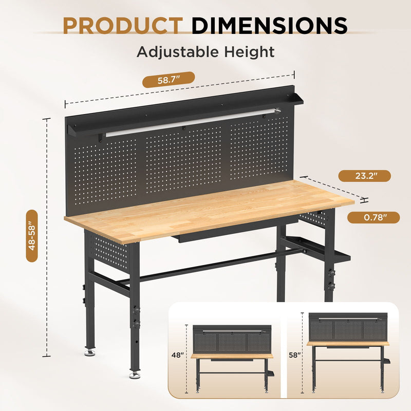 Adjustable Height Workbench, Includes Drawers, Power Outlet, LED Light, Wheels Or Leveling Feet - Black by HouseOfZazla