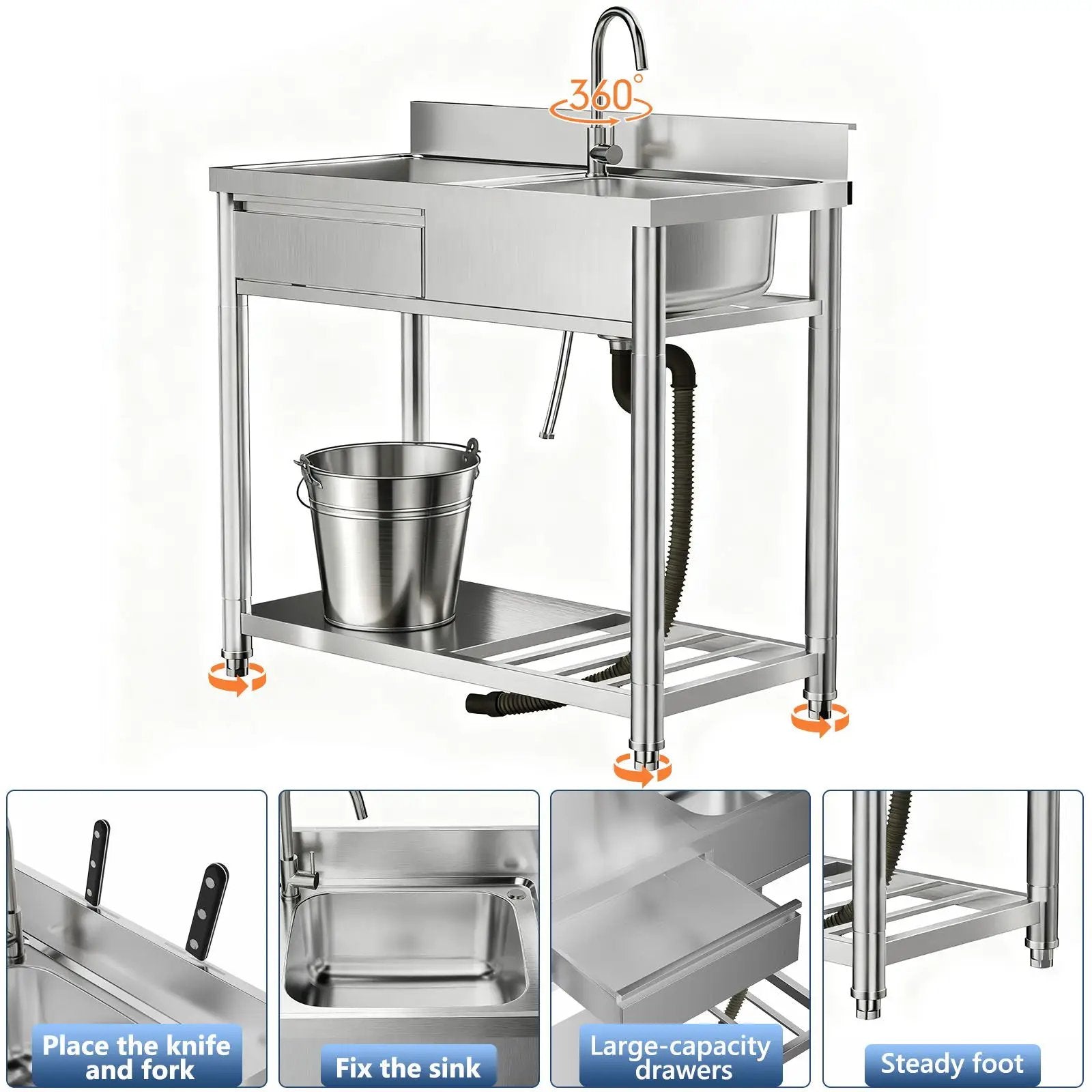 Outdoor Utility Sink With Workbench & Storage Shelf, Freestanding Prep Table With Left Drawer, Garden Patio Sink Station With 360° Hot & Cold Water Faucet - Silver by HouseOfZazla