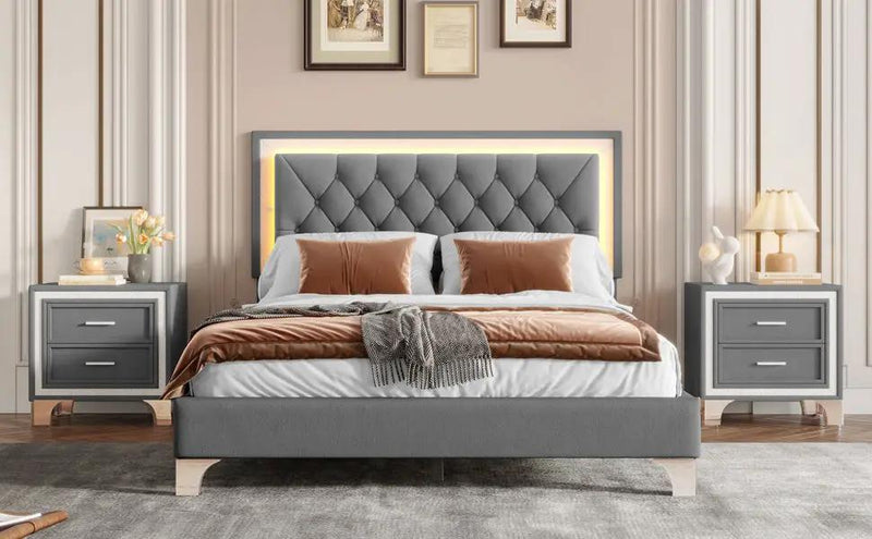 3-Pieces Bedroom Set, Queen Size Upholstered Platform Bed with LED Lights and Two Nightstands - Gray by HouseOfZazla