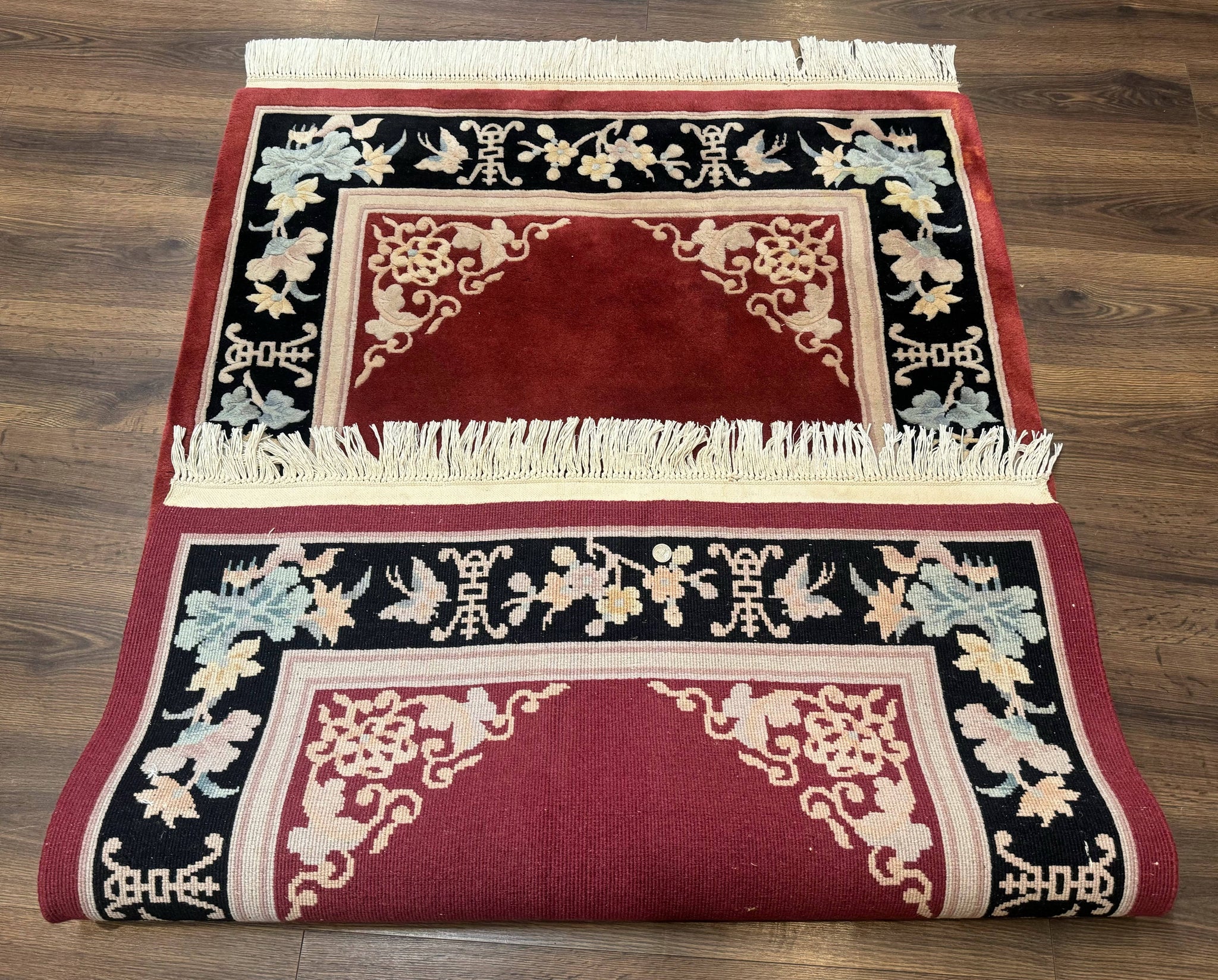 Dark Red Chinese Wool Rug 4x6, Chinese 90 Line Rug, Carving Rug, Handmade, Pair B by Jewel Rugs
