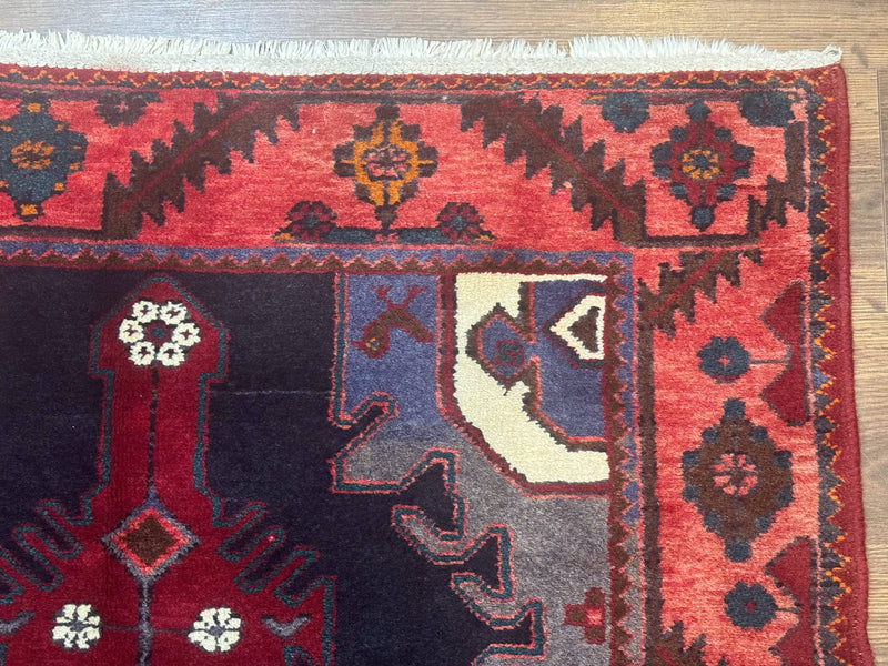 Persian Karajeh Runner Rug 3.6 x 9.5, Geometric Medallions, Tribal Village Rug, Navy Blue, Handmade by Jewel Rugs