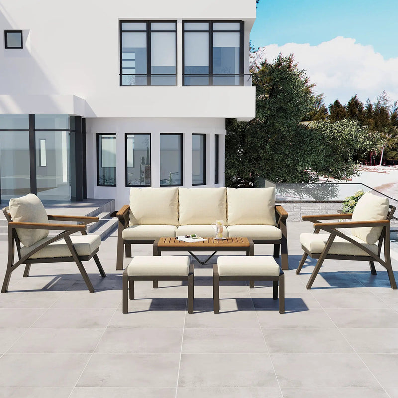 6-Piece Outdoor Patio Furniture Set with Steel Frame Sofa & Acacia Wood Table by HouseOfZazla