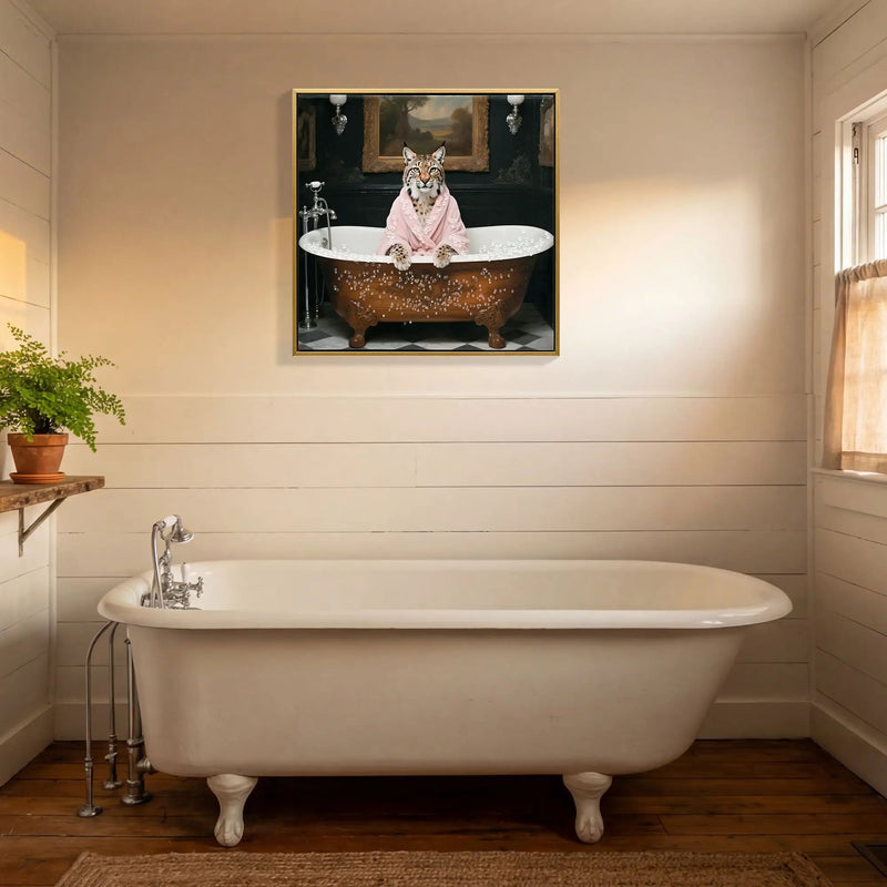 Tiger In Bathtub Wall Art Print Poster, Bathroom Decor Posters Prints For Restroom - Pink / White by Unique Piece Furniture