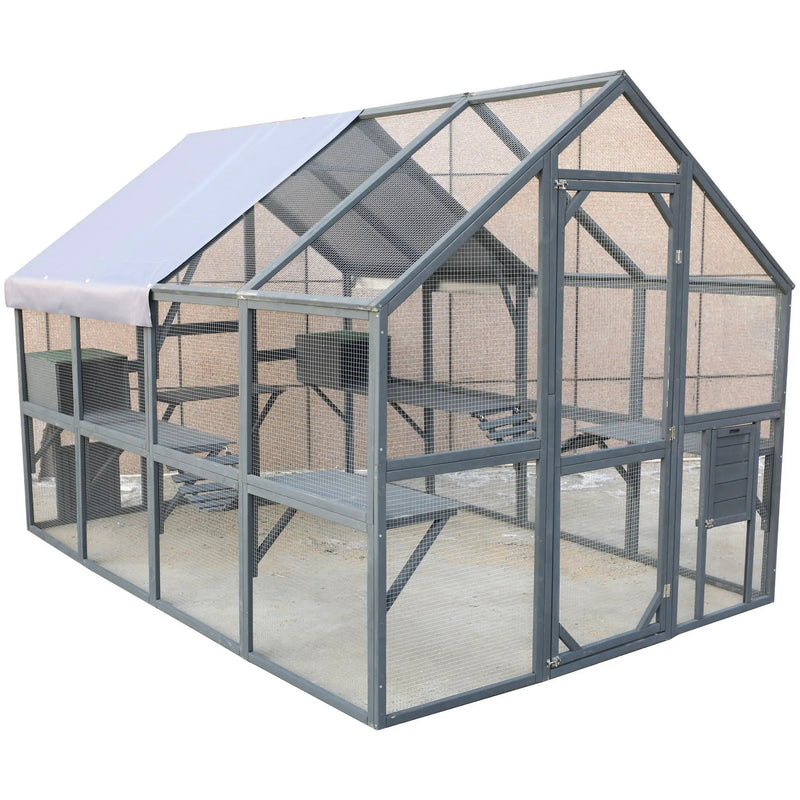 Spacious Wooden Cat Catio Outdoor Kitty House With Bridges And Roof Cover - Gray by HouseOfZazla