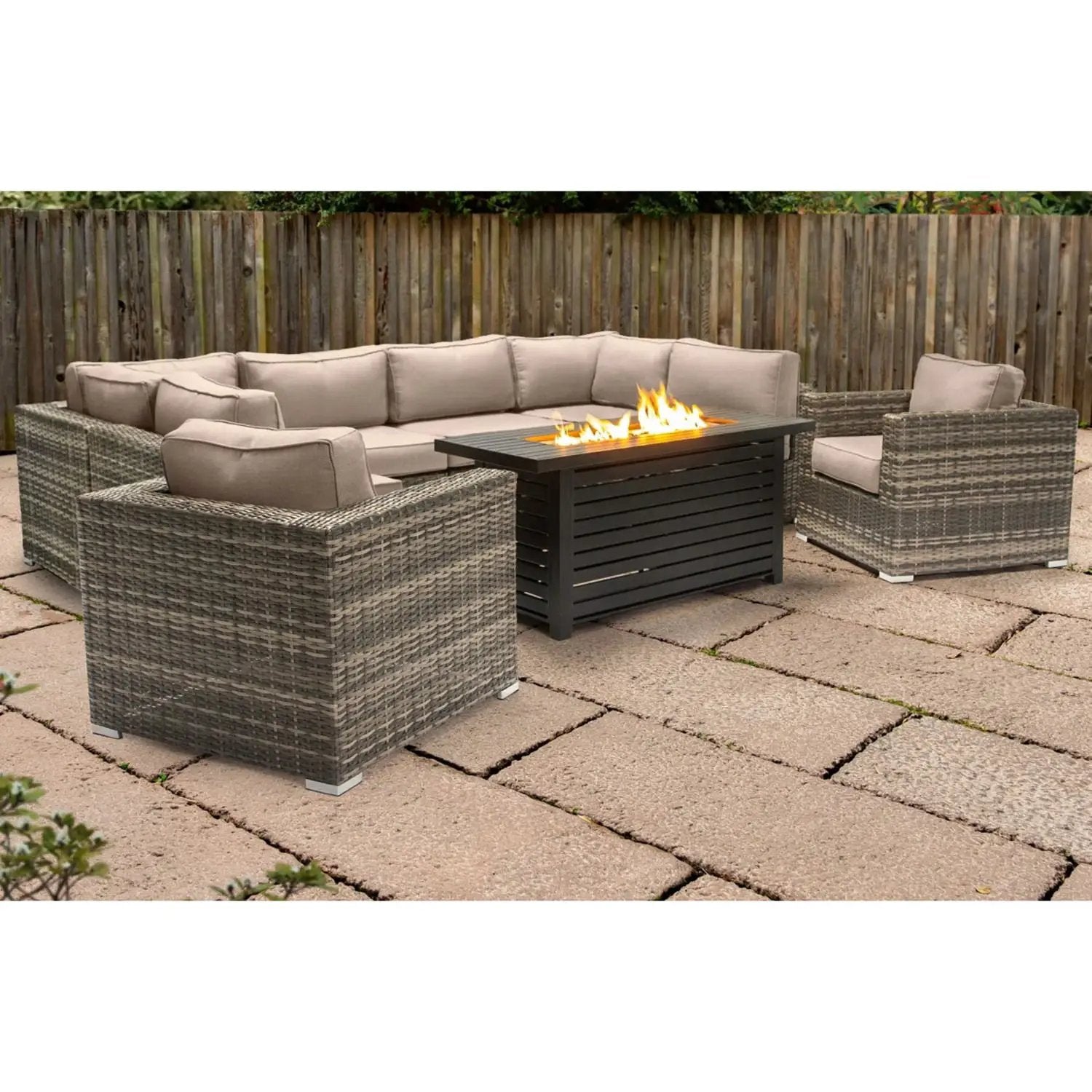 9 Piece Outdoor Sectional Set With Fire Pit Table And Cushions - Beige by Unique Piece Furniture