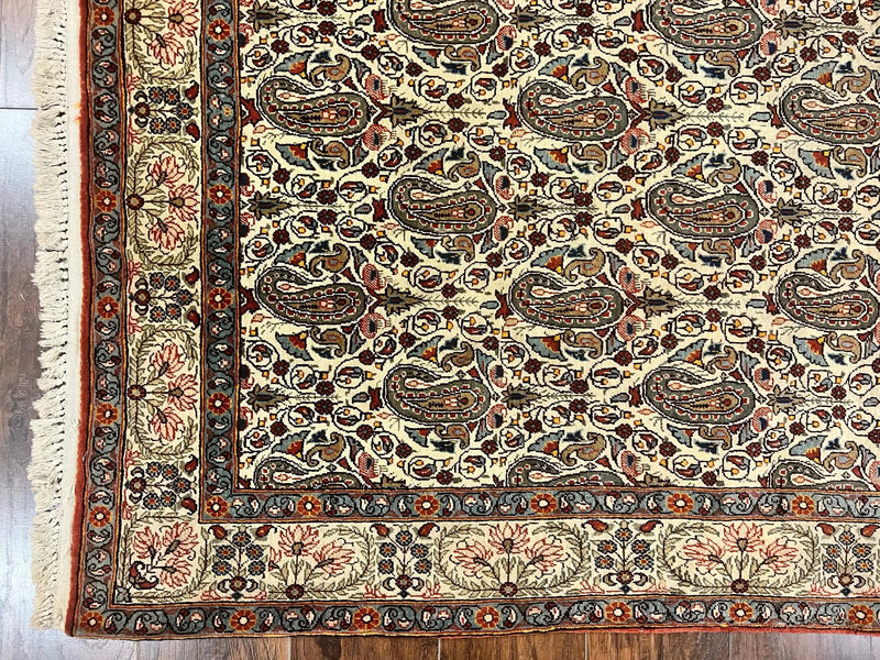 Persian Qum Rug 5x6, Cream Wool Hand Knotted Carpet, Repeated Boteh Paisely Design, Semi Antique Vintage Rug, Very Fine Weave 5 x 6 Rug by Jewel Rugs