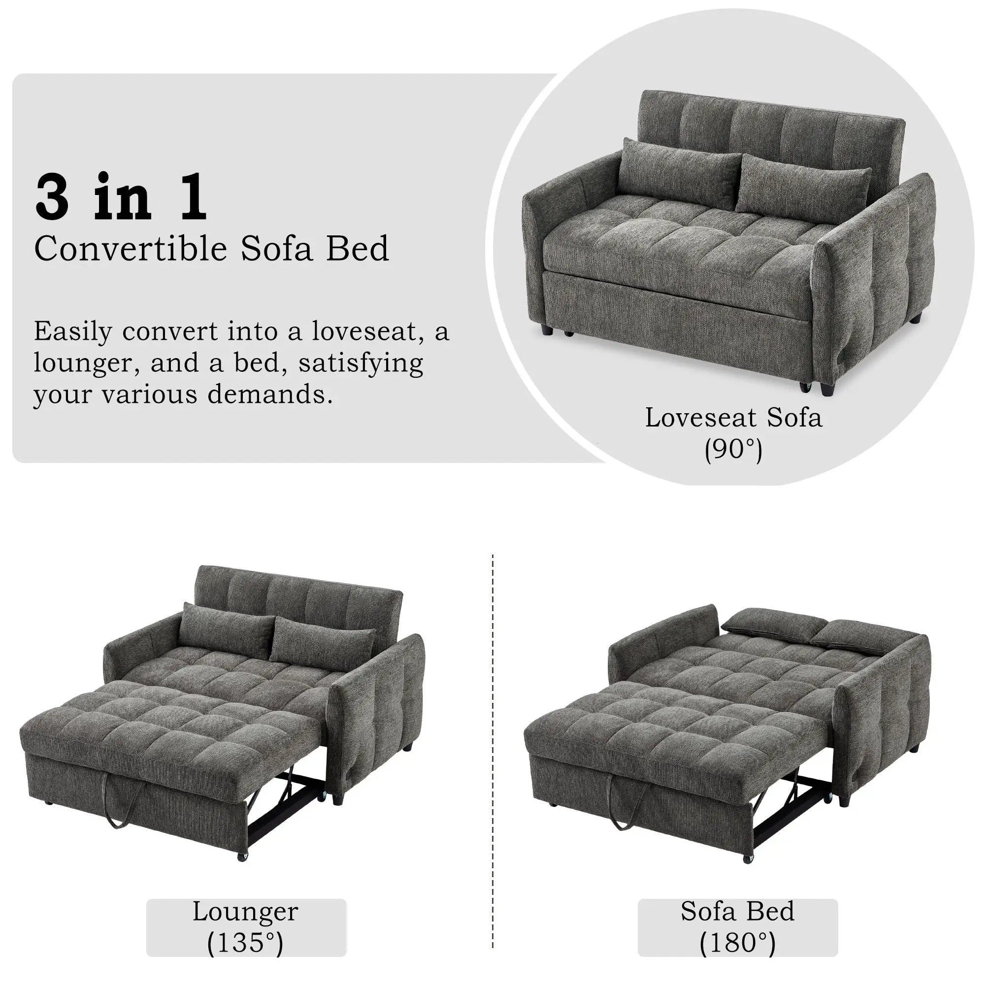 Loveseat Sofa Pull-Out Bed With Adjustable Backrest, 3 USB Ports And 2 Lumbar Pillows For Living Room by Unique Piece Furniture