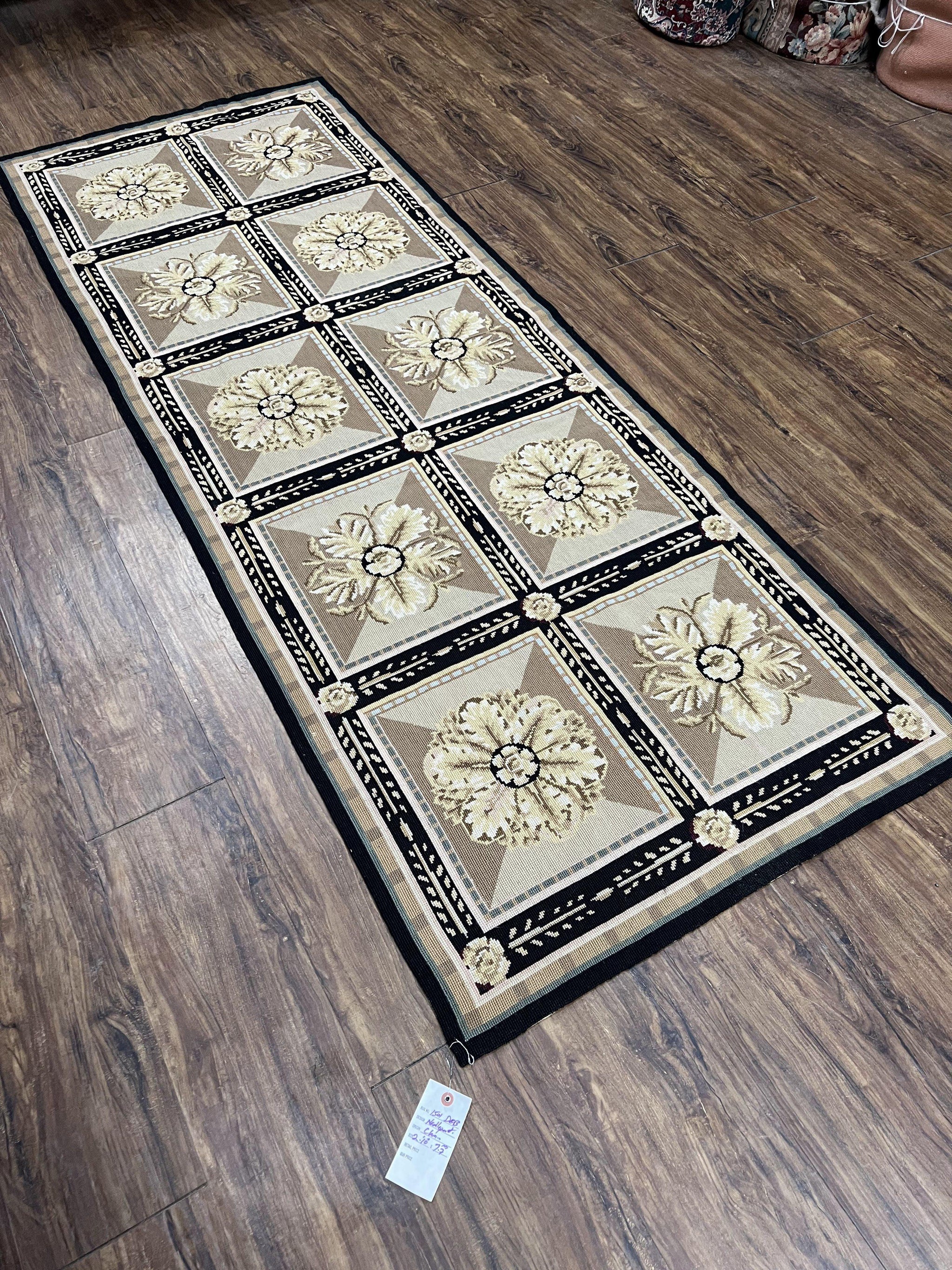Needlepoint Runner Rug 3x8 Panel Design Rug, Flatweave Runner Rug, English Design, Floral, Short Runner Rug, Black and Beige Wool Hand-Woven by Jewel Rugs