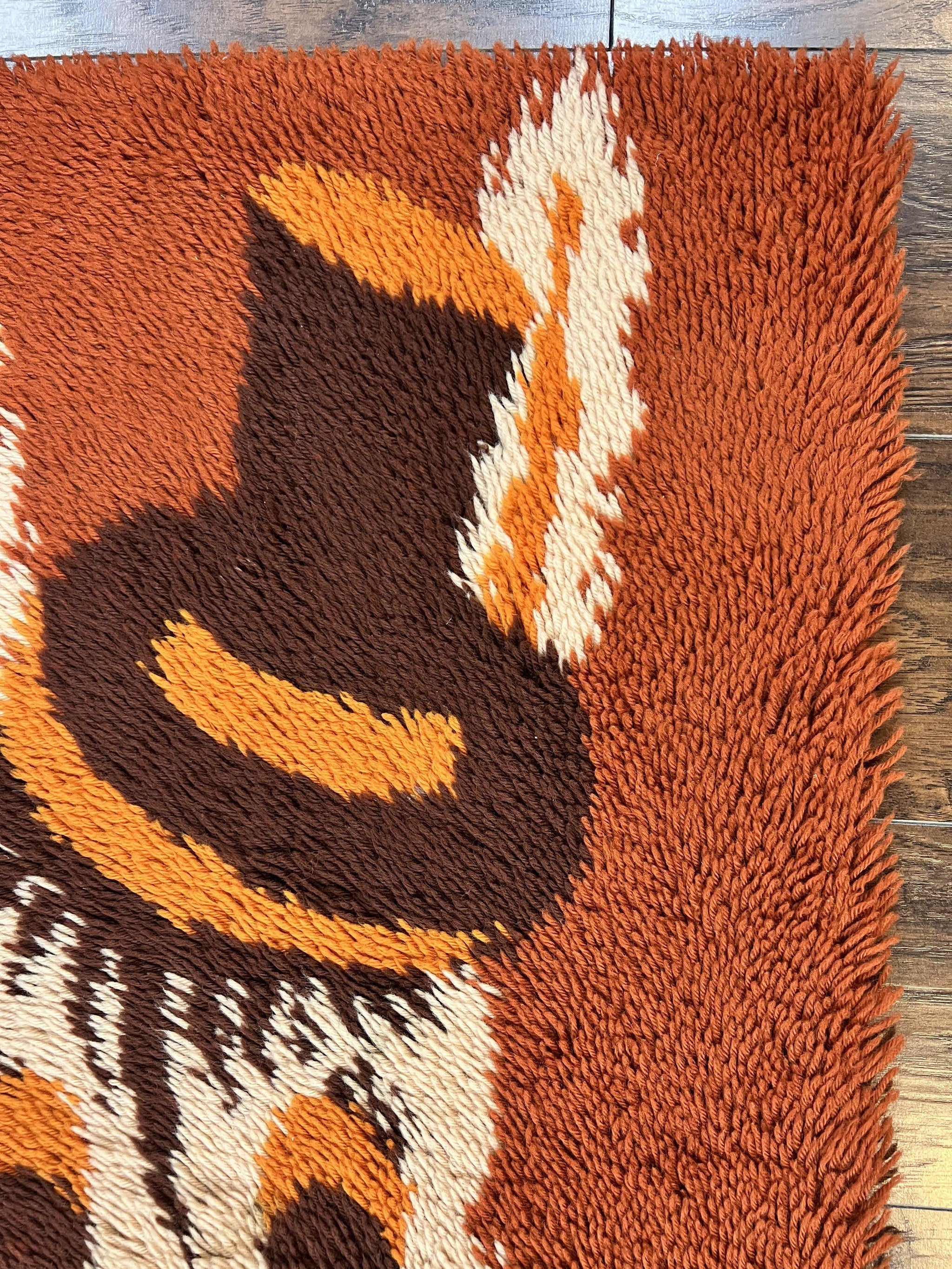 Rya Shag Rug 2x4, Rabbit in Top Hat, Wool, Orange, Vintage 1960s Danish Shag Rug by Jewel Rugs