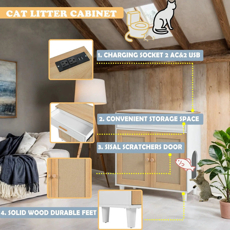 Pet Friendly Furniture Style Cat Litter Box House With Sisal Scratching Door And Charging Socket - Beige / White by HouseOfZazla