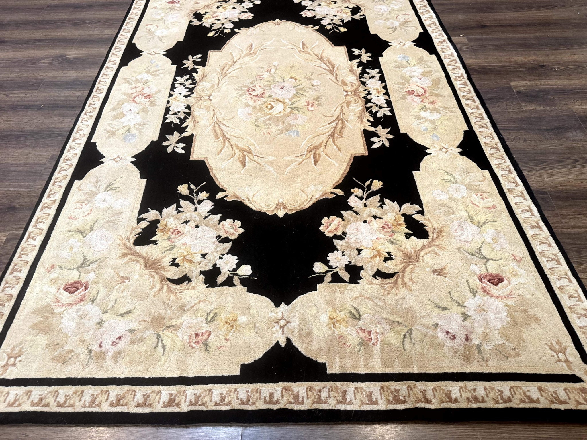 Chinese Aubusson Rug 6x9, Wool Pile, Black, Floral, Elegant by Jewel Rugs