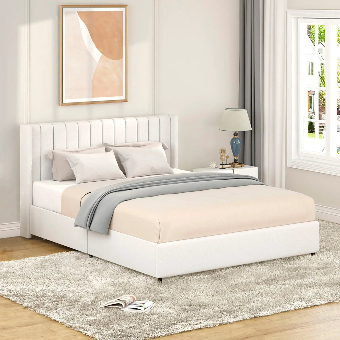 Anda - Boucle Upholstered Platform Bed With Patented Drawers Storage - Ivory by HouseOfZazla