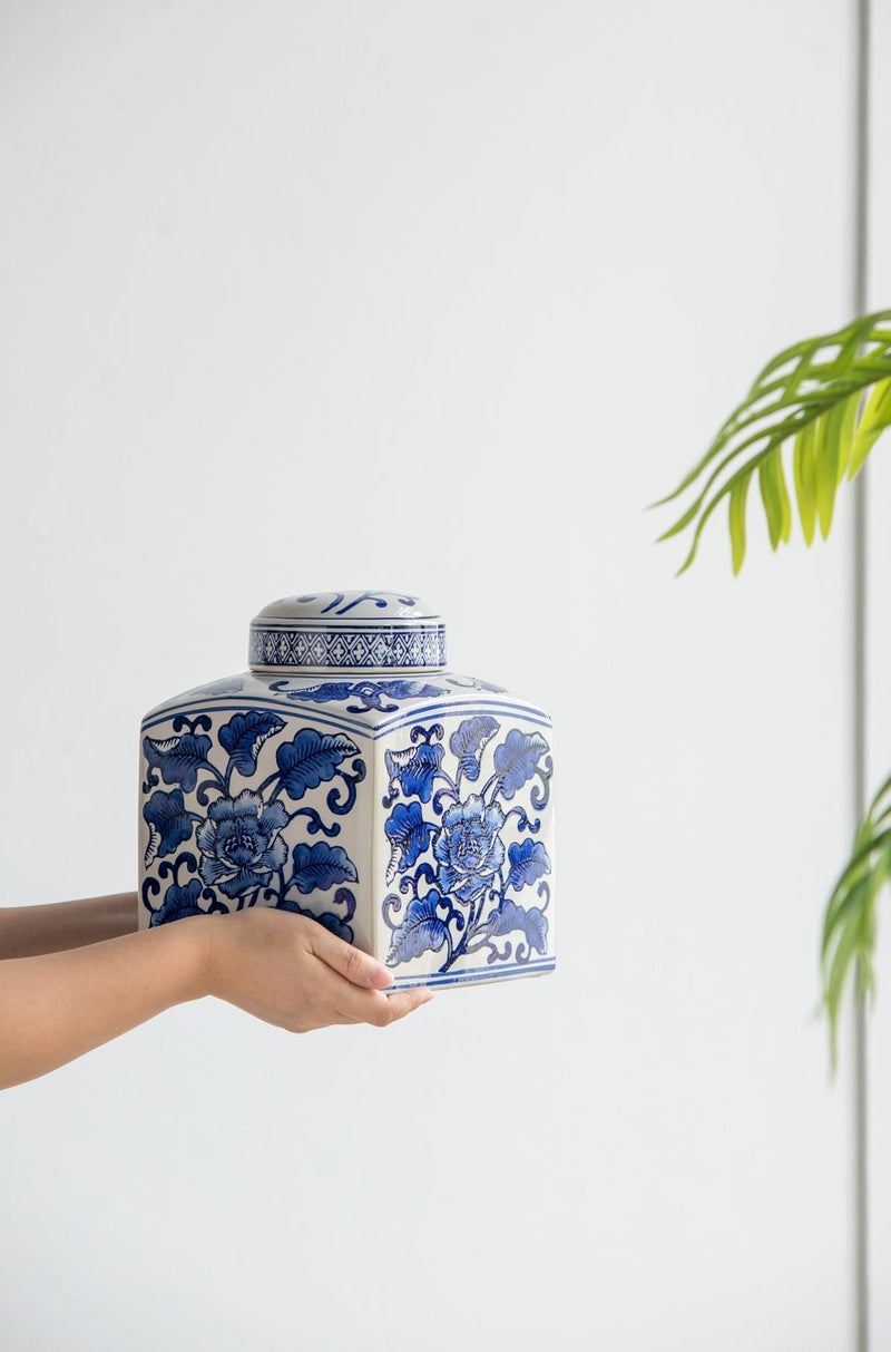 5x5x8' Hand Painted Square Canister with Blue and White Floral Pattern by HouseOfZazla