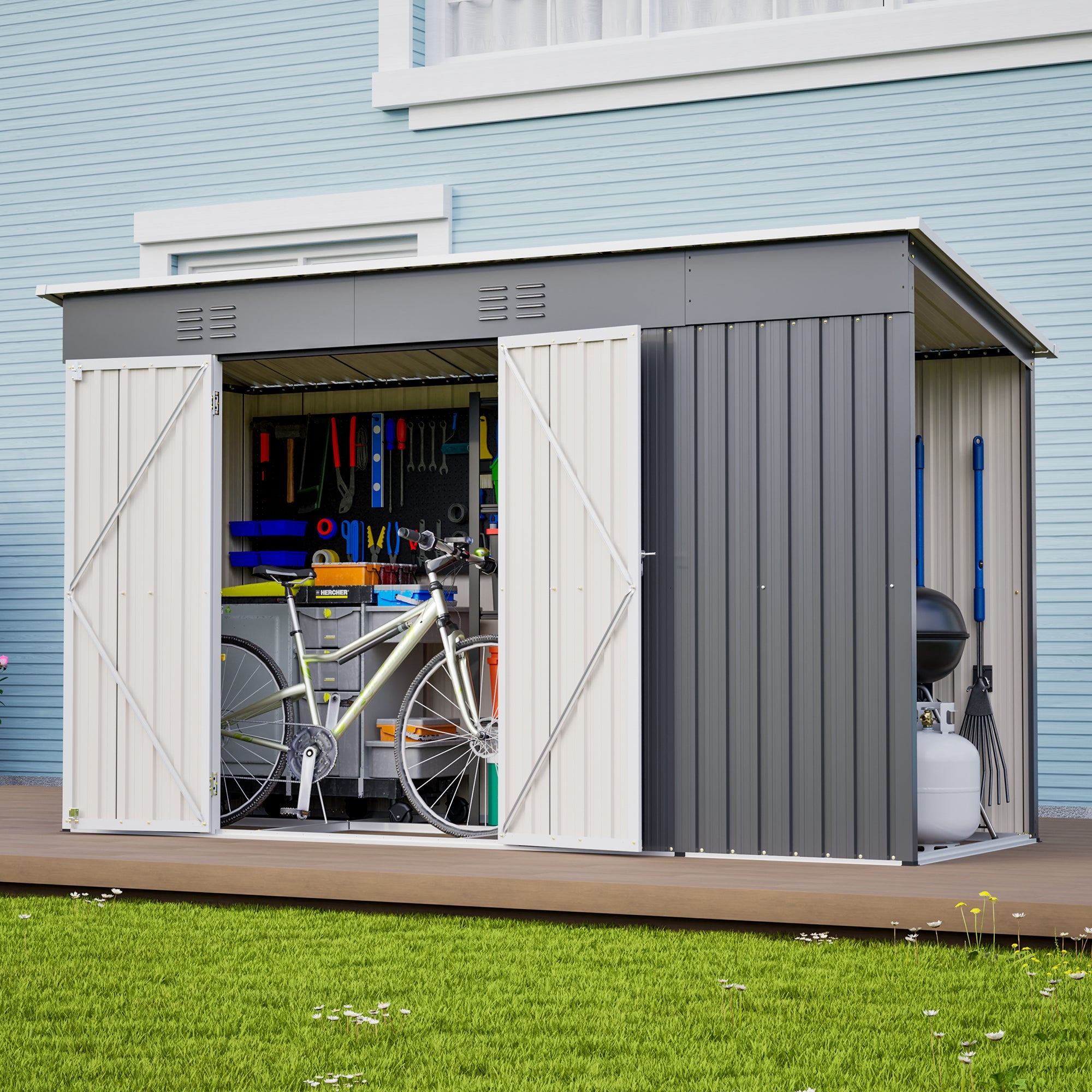 10'x4' Outdoor Metal Storage Shed for Garden Tools Lockable Door With Floor Frame by HouseOfZazla