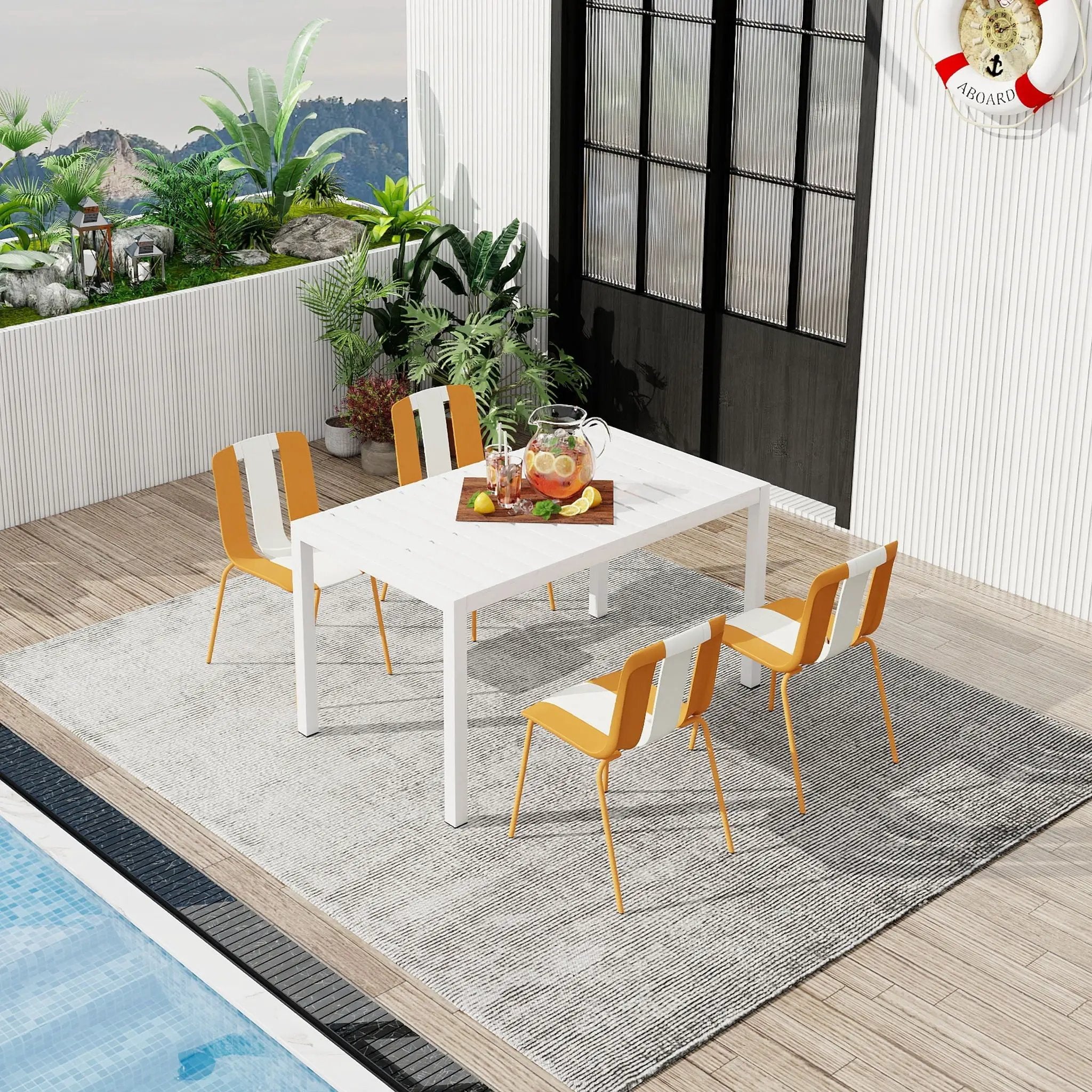 4 Piece Set Of Modern Striped Color- Blocking Single Chairs With Long Table by Unique Piece Furniture