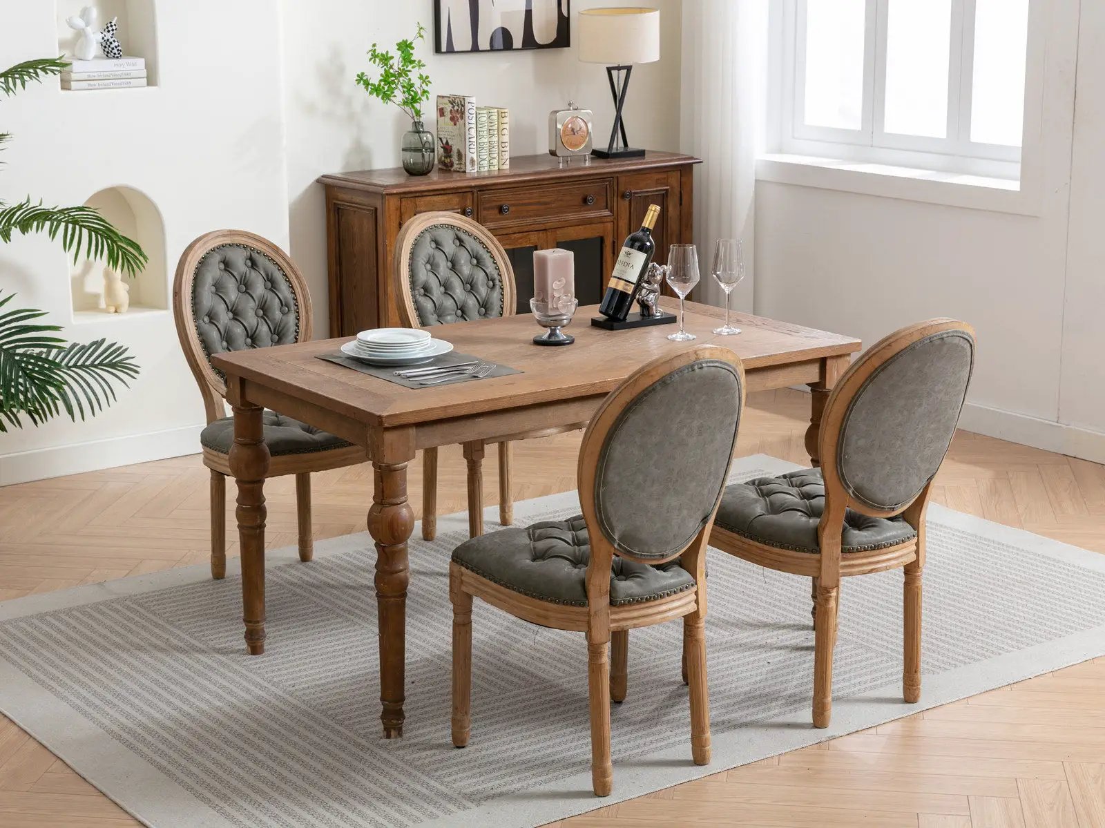 French Style Solid Wood Frame Antique Painting, Hand-Pulled Buckle Decoration Artificial Dining Chair With Nailhead Trim, Wood Legs by HouseOfZazla