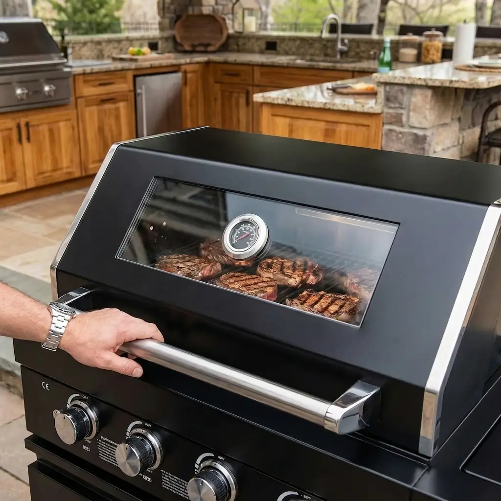 65" 4-Burner 72,000 BTU Black Outdoor Kitchen Island Grill + Round Side Burner by Chery Industrial