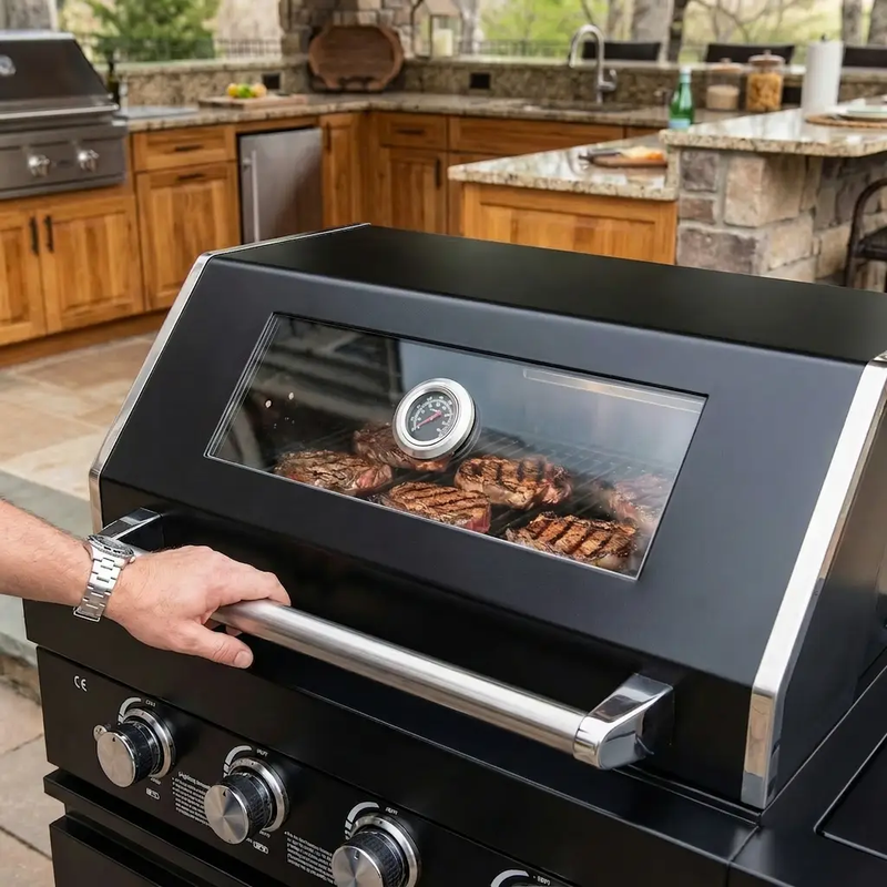 65" 4-Burner 72,000 BTU Black Outdoor Kitchen Island Grill + Round Side Burner by Chery Industrial