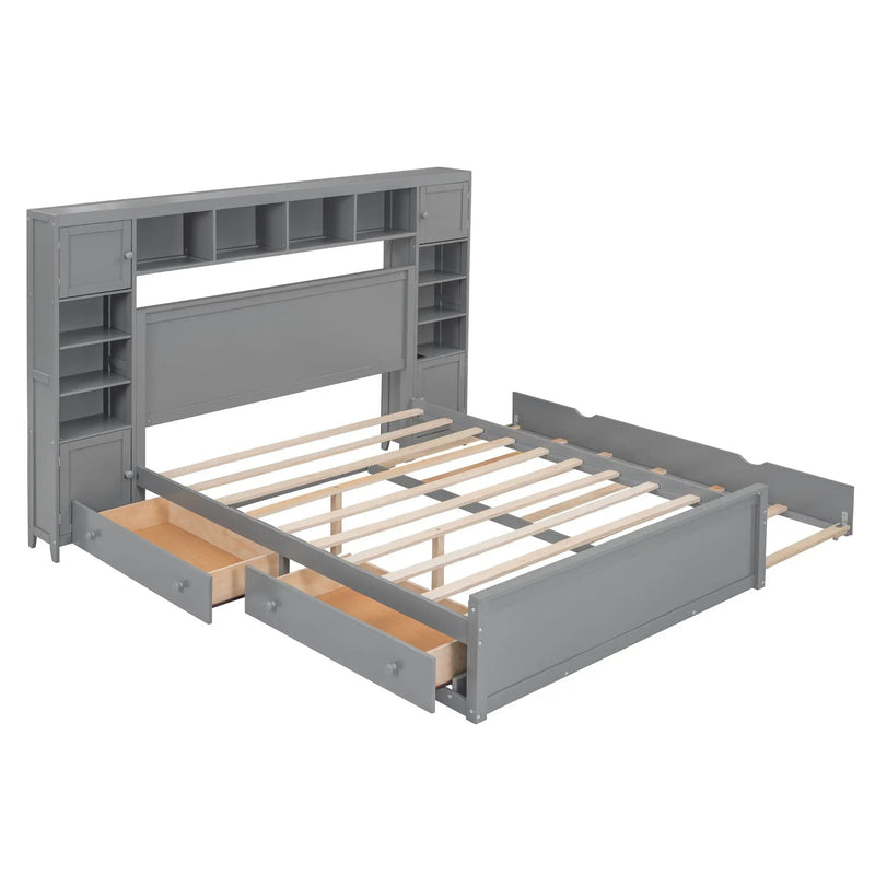 Bed With All In One Cabinet, Shelf And Sockets, Twin Long Trundle by Unique Piece Furniture